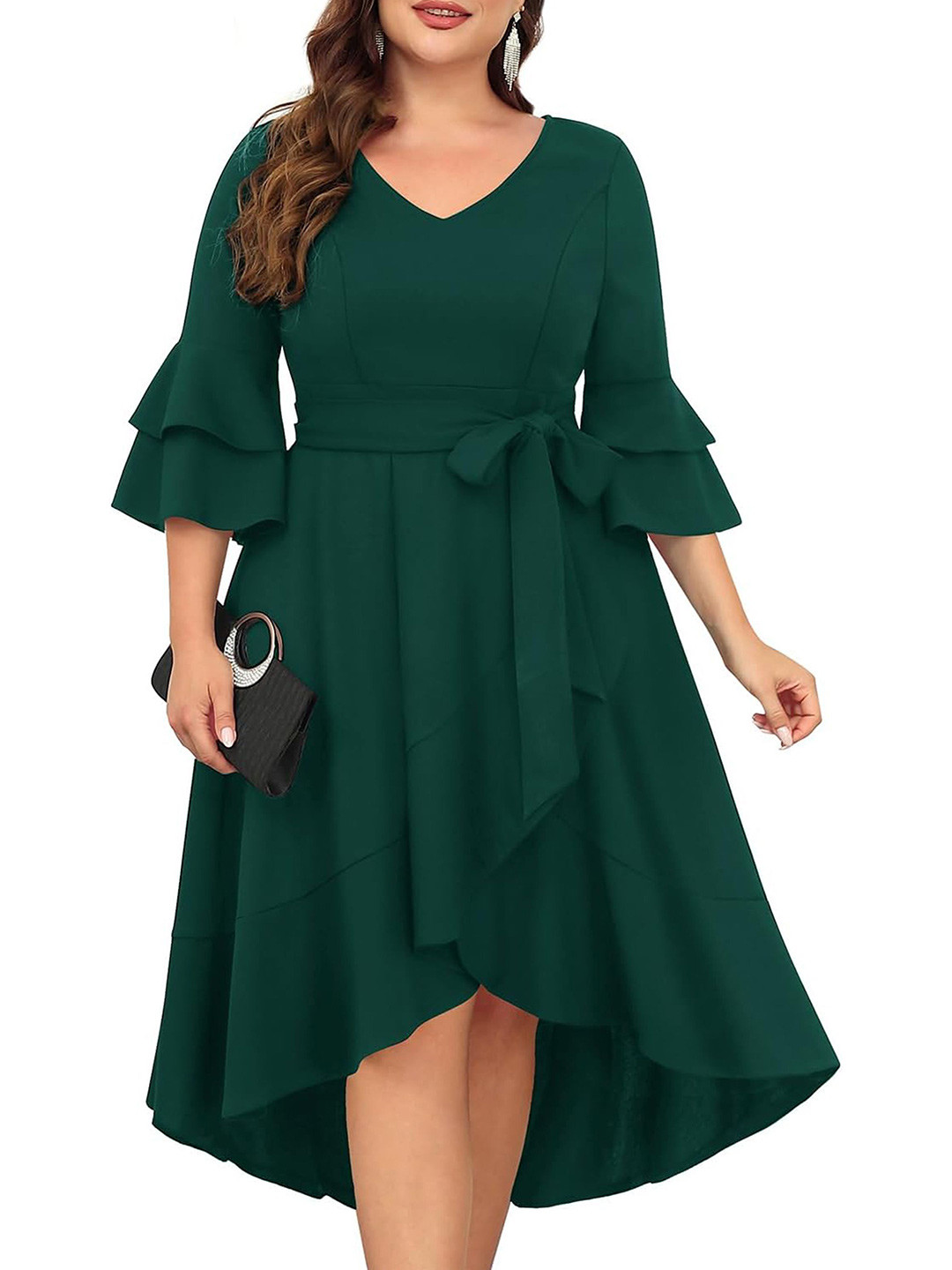 

C4D Women V-Neck Bell Sleeve Fit and Flare High-Low Dress, Green