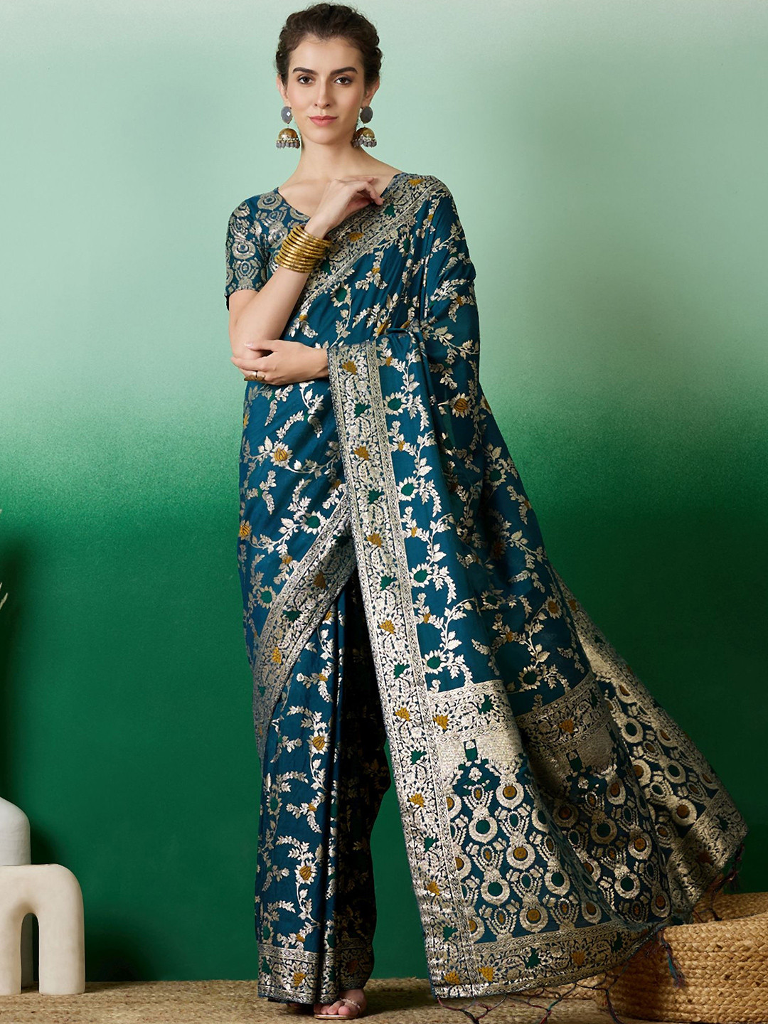 

KALINI Woven Design Zari Banarasi Saree, Teal