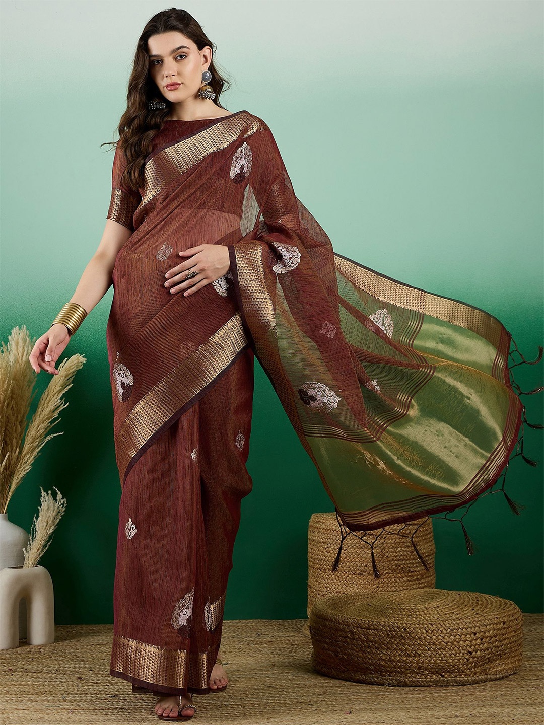 

KIMISHA Floral Embroidered Organza Banarasi Saree, Brown