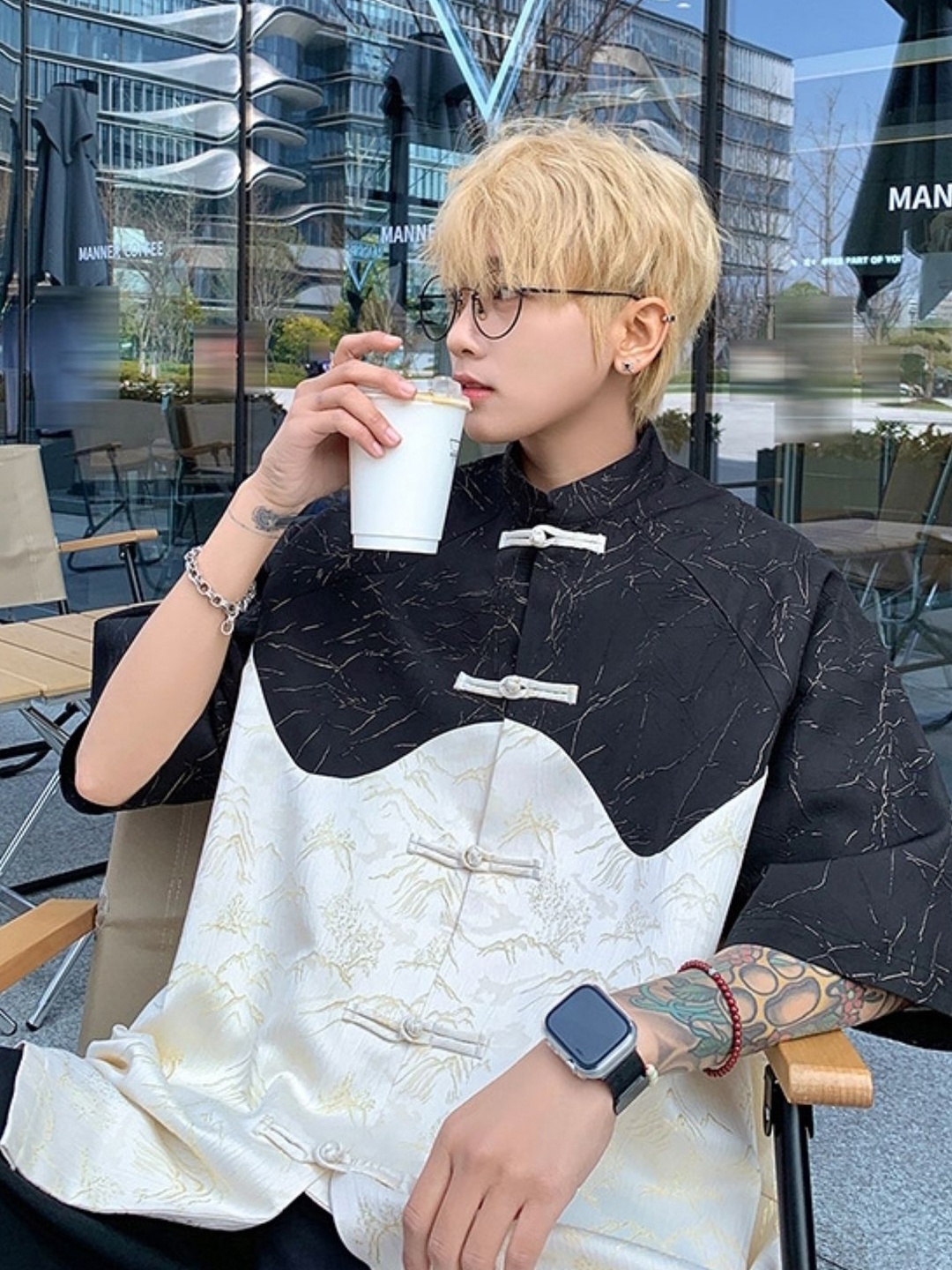 

StyleCast Men Standard Oversized Fit Band Collar Colourblocked Casual Shirt, Cream