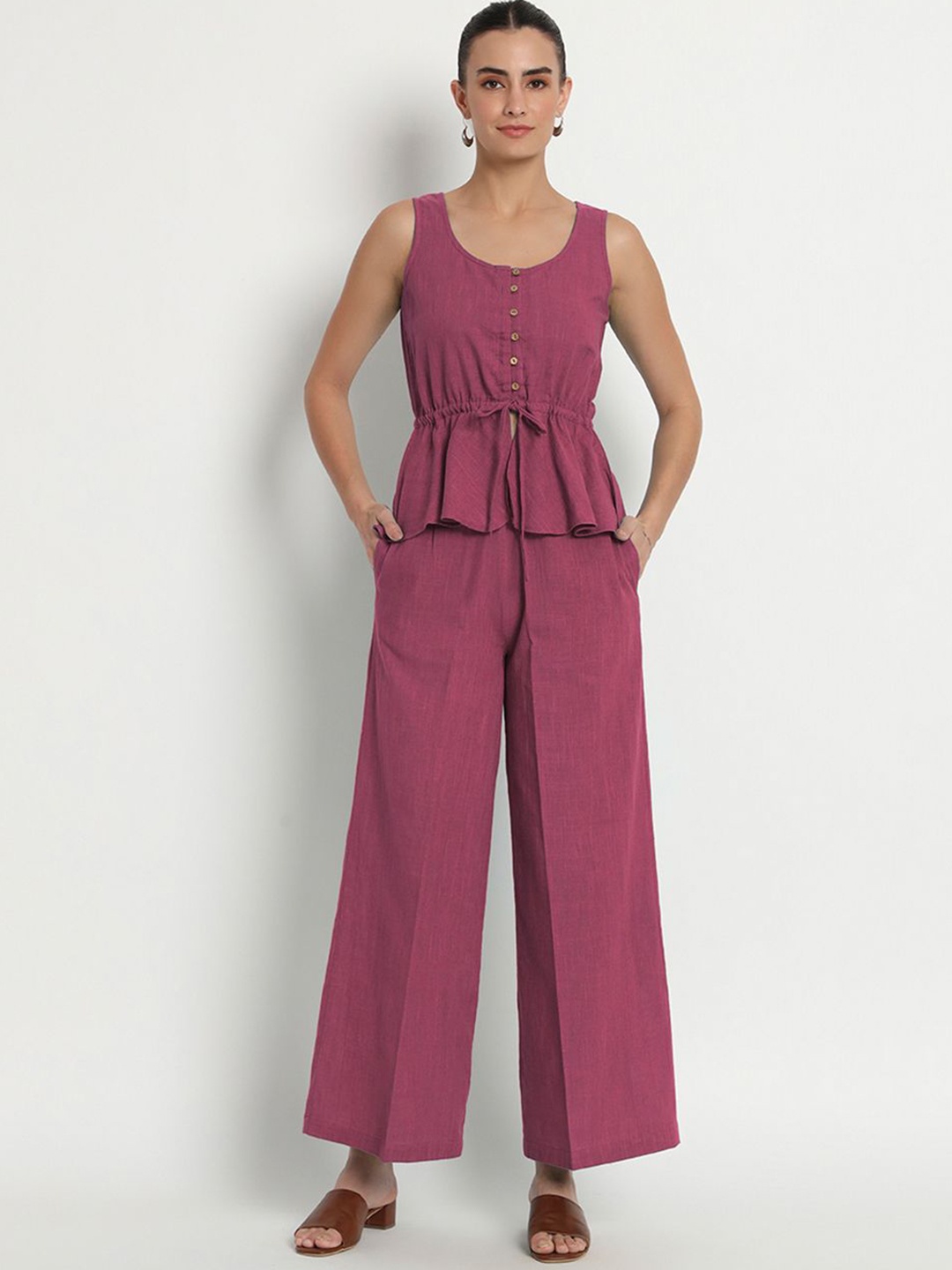 

Thevasa Round Neck Sleeveless Pure Cotton Straight Top With Trouser, Pink