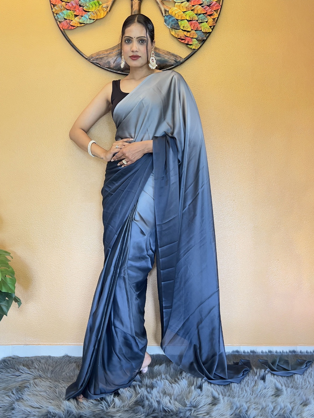 

ZIBLON Ombre Pure Chiffon Ready to Wear Saree, Blue