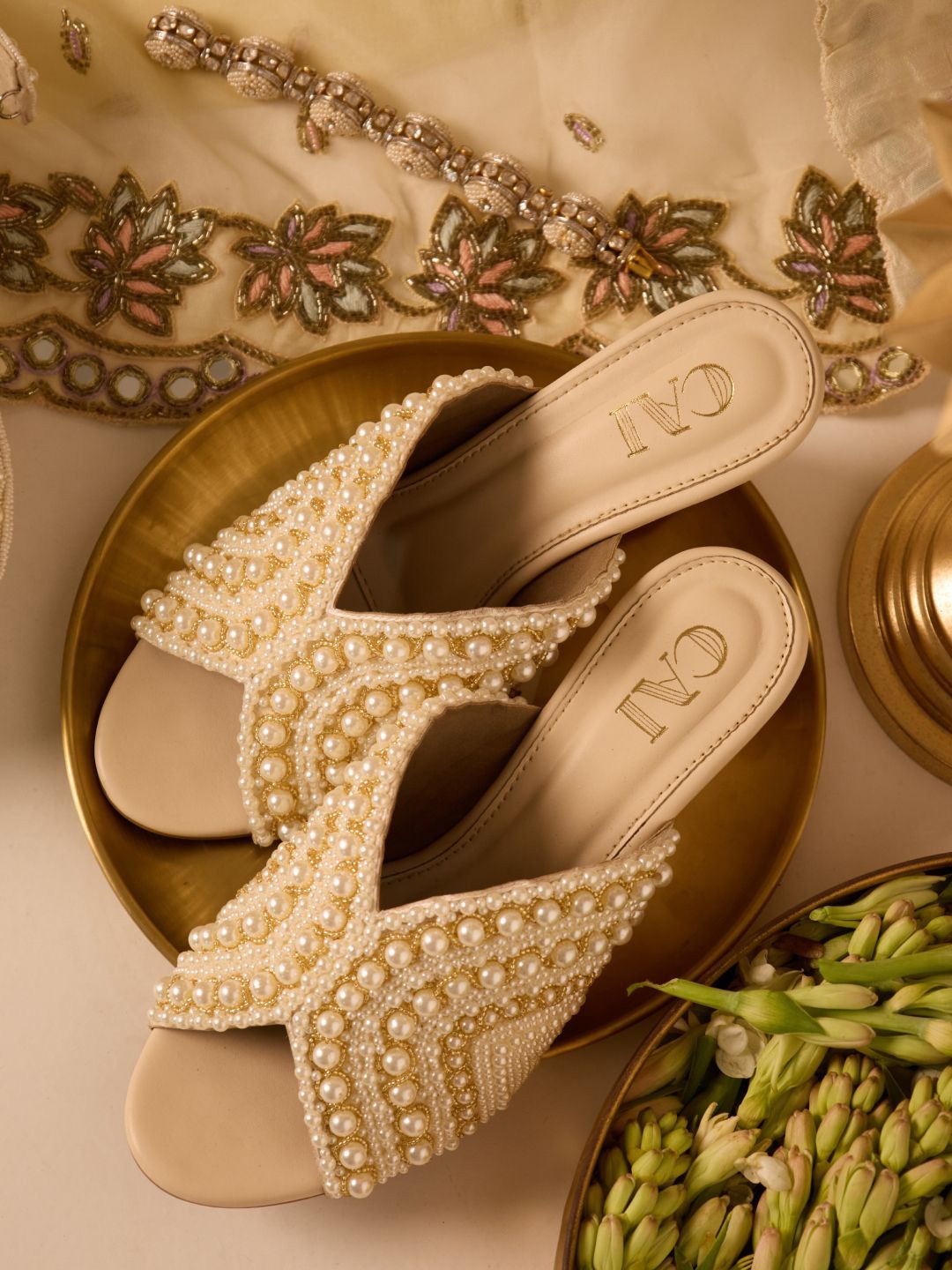 

CAI Gold and Pearl Embellished Wedge Heel Sandal, Cream