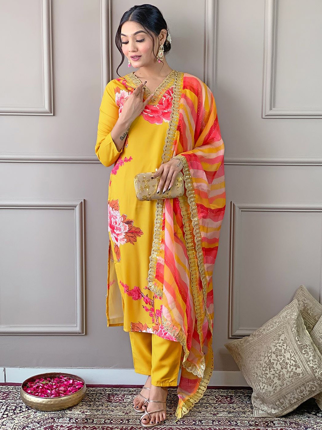 

Fashion Care Navlik Floral Printed V-Neck Straight Kurta With Trousers & Dupatta, Yellow