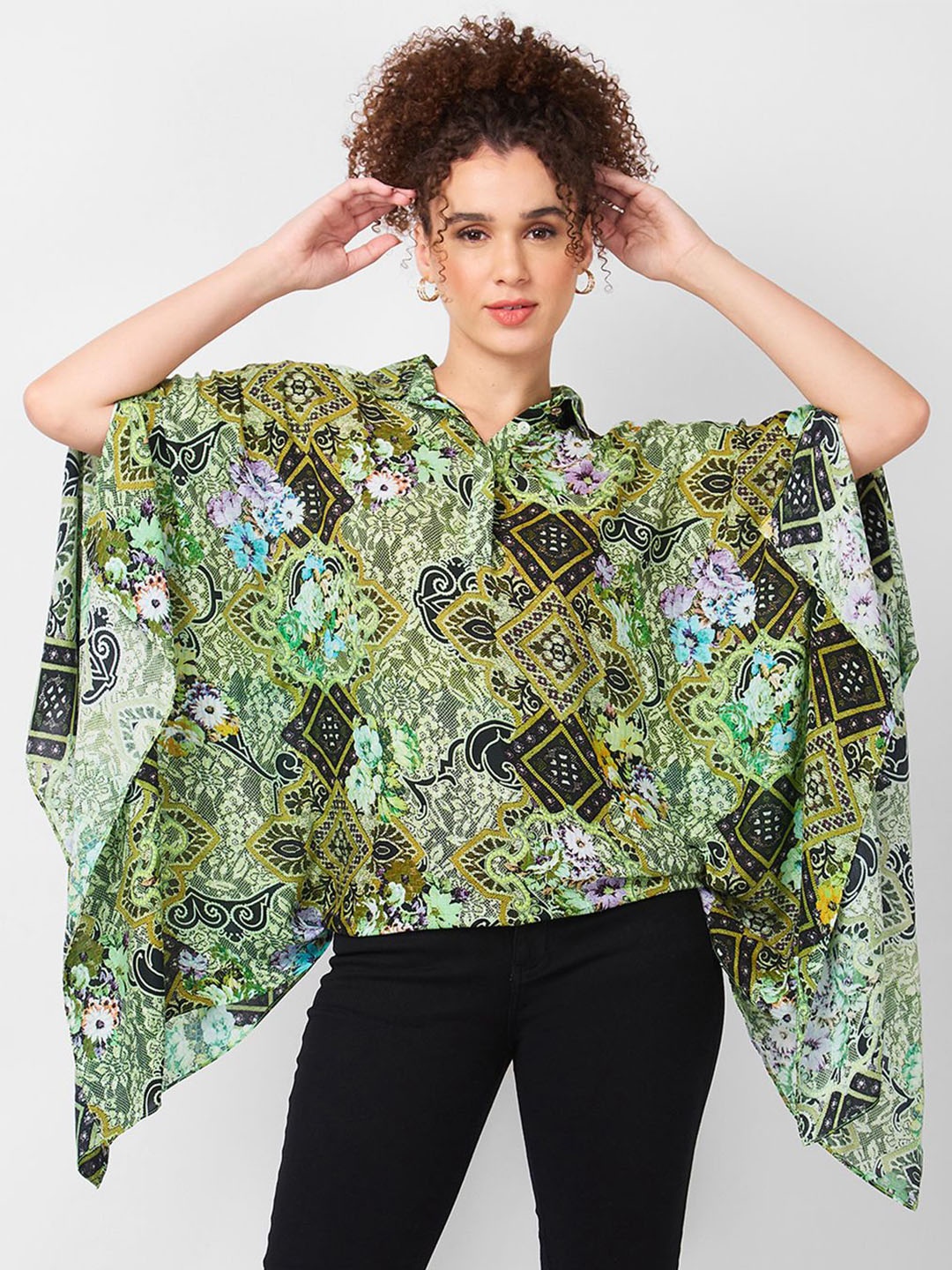 

Iti Women Floral Printed Shirt Collar Shirt Style Top, Multi