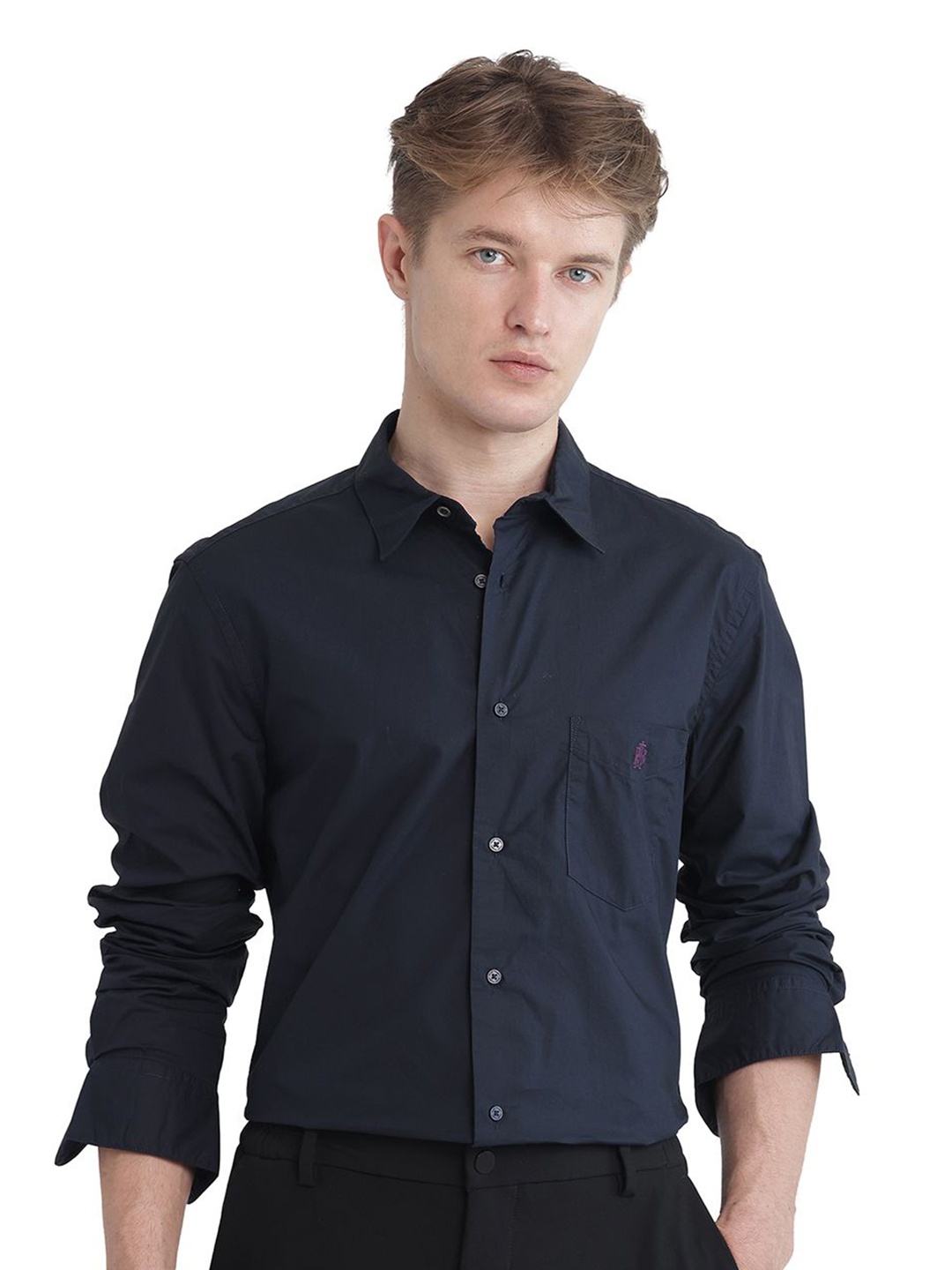 

RARE RABBIT Men Comfort Fit Spread Collar Solid Cotton Formal Shirt, Navy blue