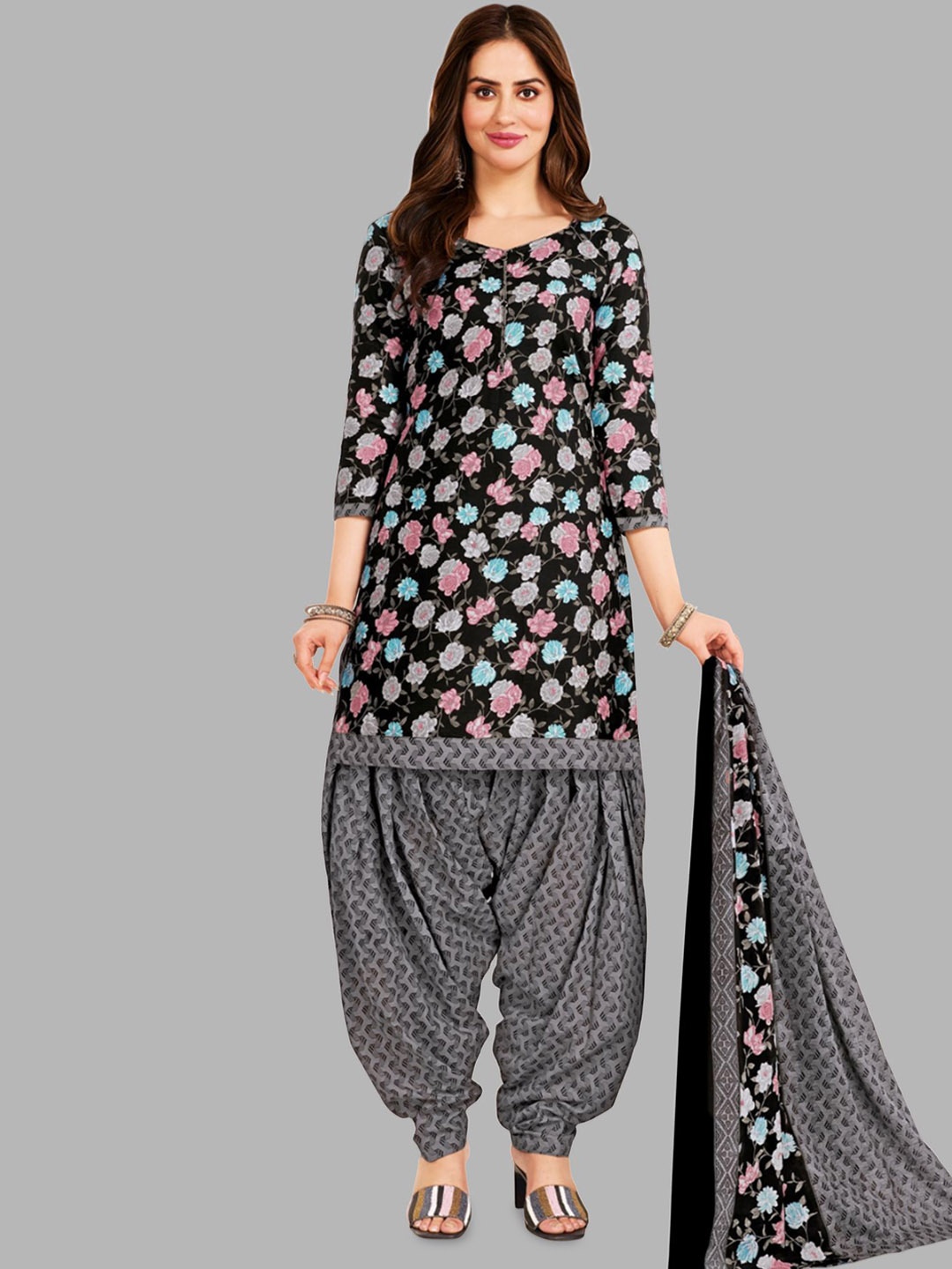 

shree jeenmata Floral Printed Pure Cotton Unstitched Dress Material, Black
