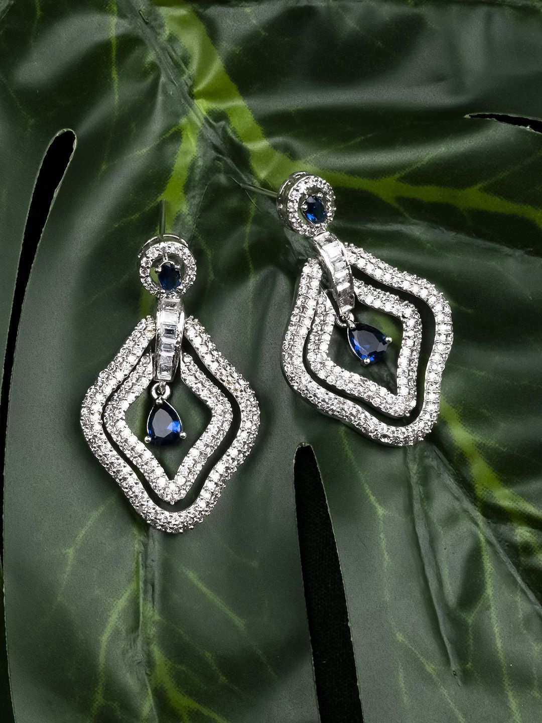 

StileAdda Elegant Silver-Plated Diamond Shaped Cubic Zirconia Studded Drop Earrings