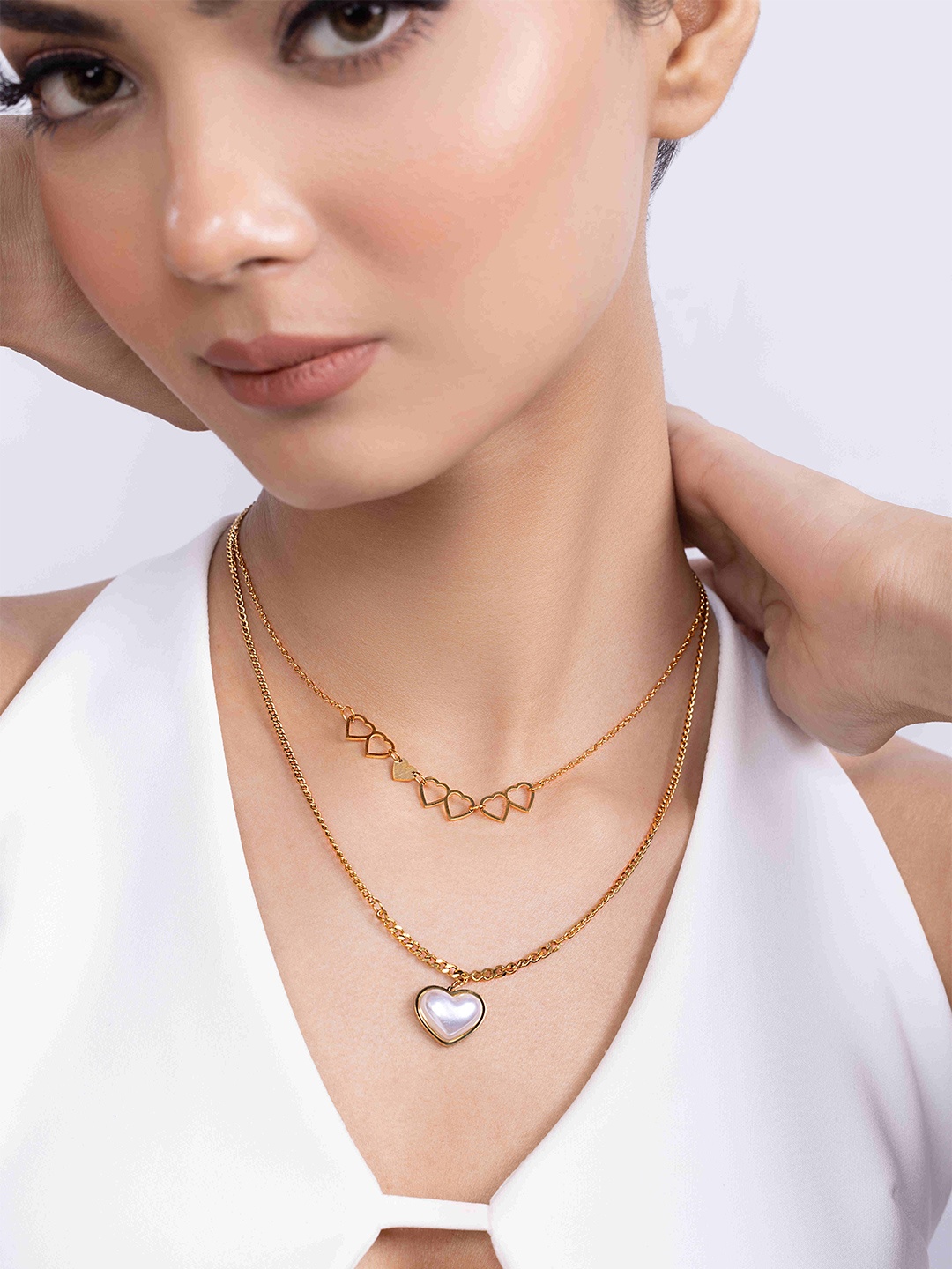 

KAORI BY SHREYA AGARWAL Stainless Steel Gold-Plated Pearls And Heart Layered Chain
