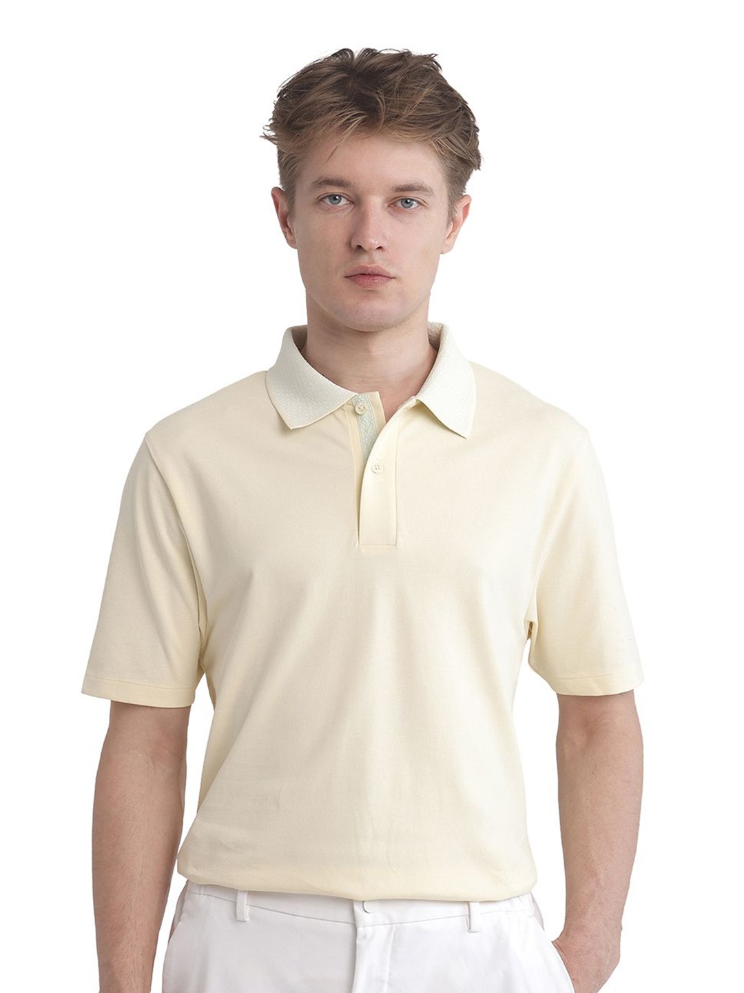 

RARE RABBIT Men Solid Polo Collar Cotton T-shirt, Yellow