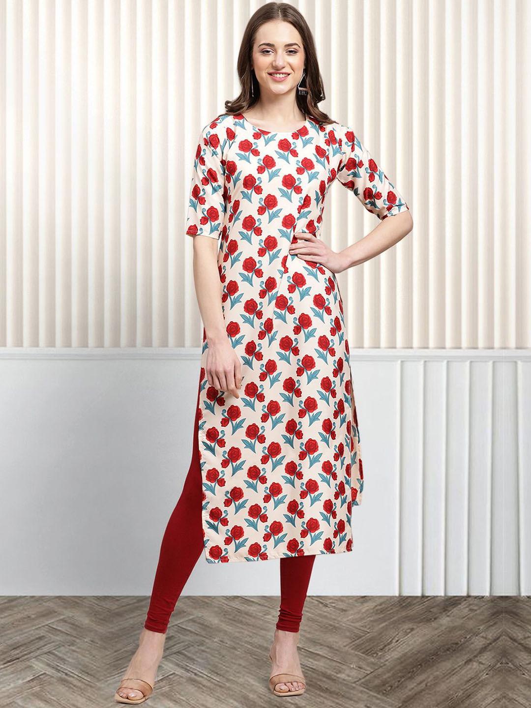 

Moda Rapido Floral Printed Round Neck Straight Kurta, Beige