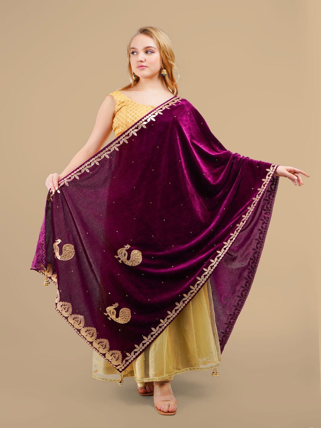 

Karthav Fashion Ethnic Motifs Embroidered Velvet Dupatta With Gotta Patti, Burgundy