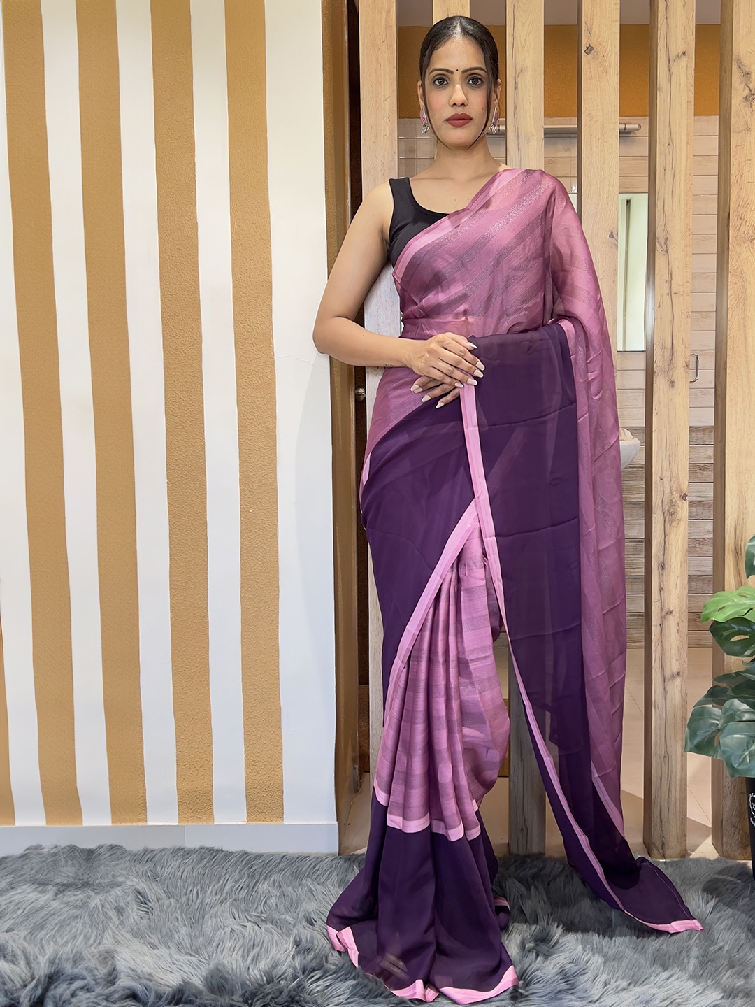 

ZIBLON Striped Ready to Wear Saree, Purple