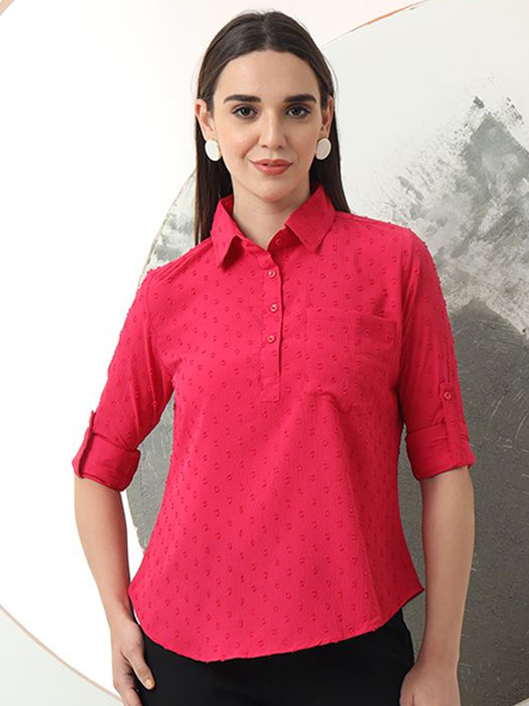 

FITHUB Self Design Shirt Style Top, Pink
