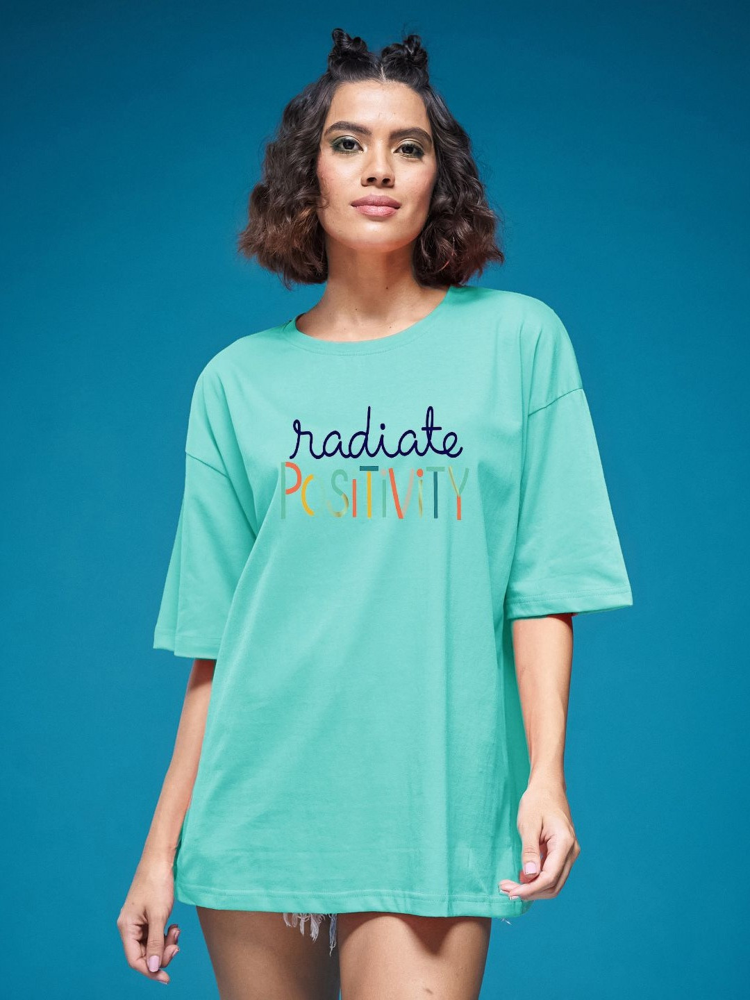 

SMARTEES Women Graphic Printed Round Neck Cotton Oversized T-shirt, Sea green