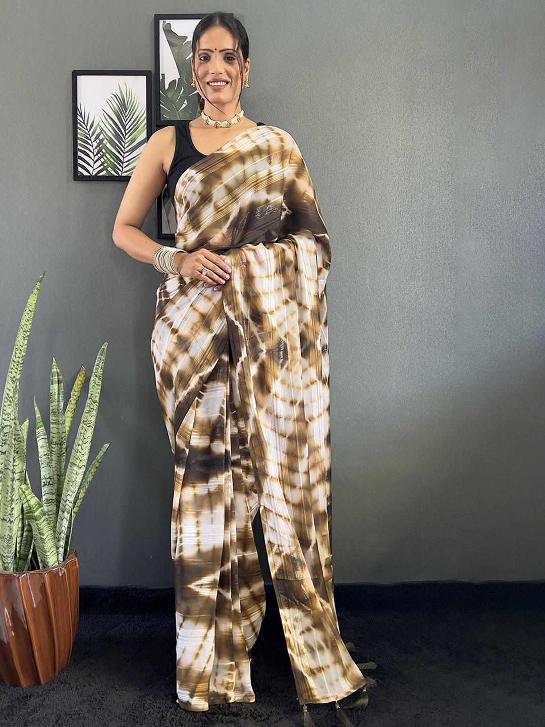 

A TO Z CART Tie and Dye Ready To Wear Pure Georgette Saree, Brown