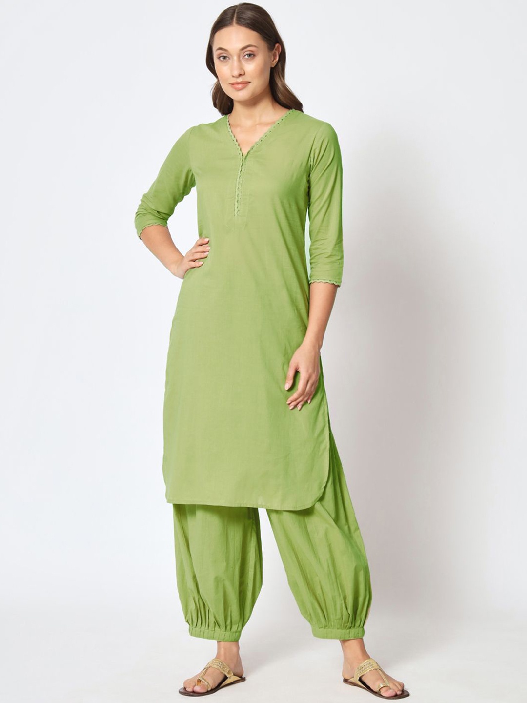 

Thevasa Lace Affair V-Neck Pure Cotton Tunic And Salwar, Green