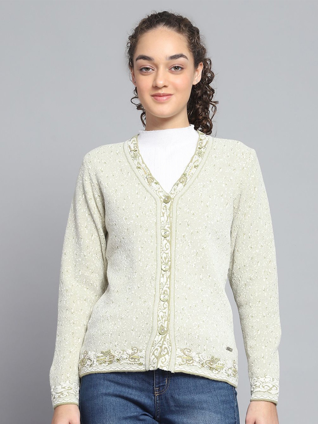 

Monte Carlo Women Embroidered Woollen Cardigan, Green