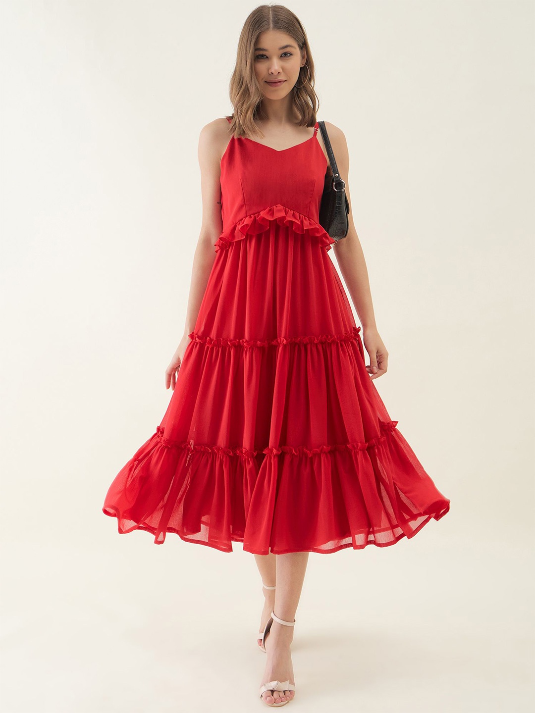 

OCTICS Chiffon Ruffles Fit & Flare Midi Dress, Red