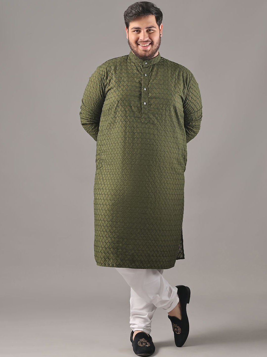 

SOJANYA PLUS Size Embroidered Chikankari Band Collar Pure Cotton Straight Kurta, Olive