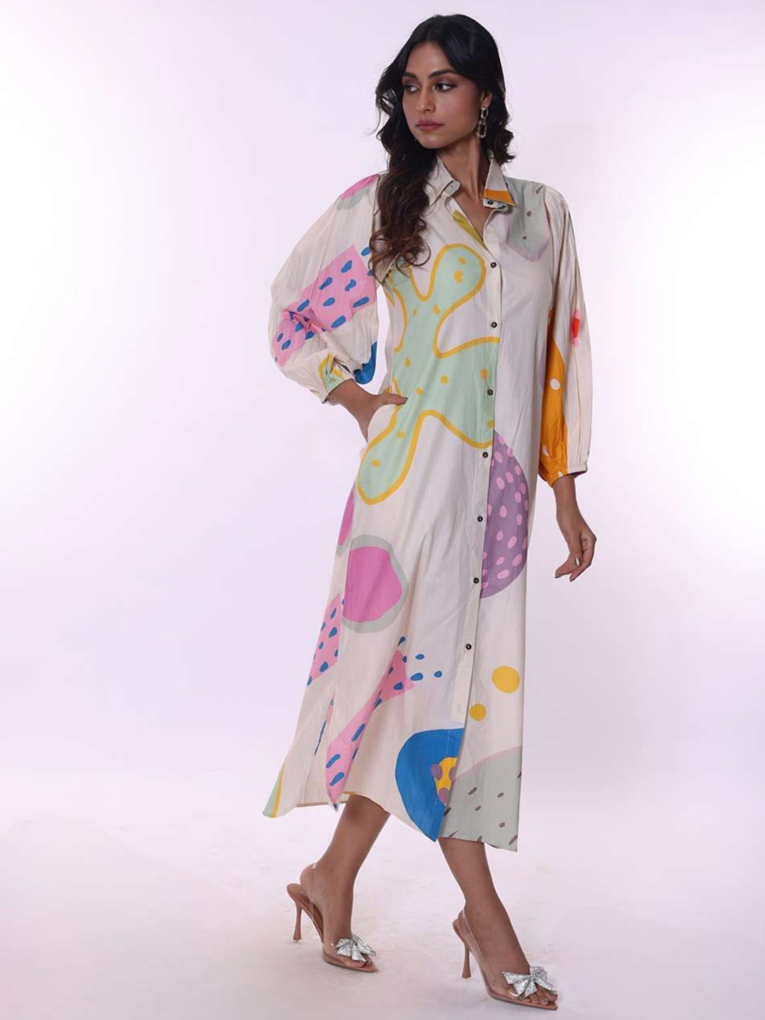 

POPPI Women Printed Shirt Long Dress, Off white