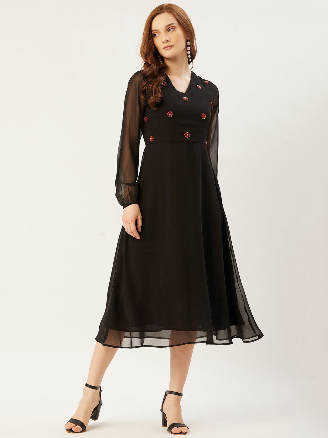 

Moda Rapido Puff Sleeve Georgette A-Line Midi Dress, Black