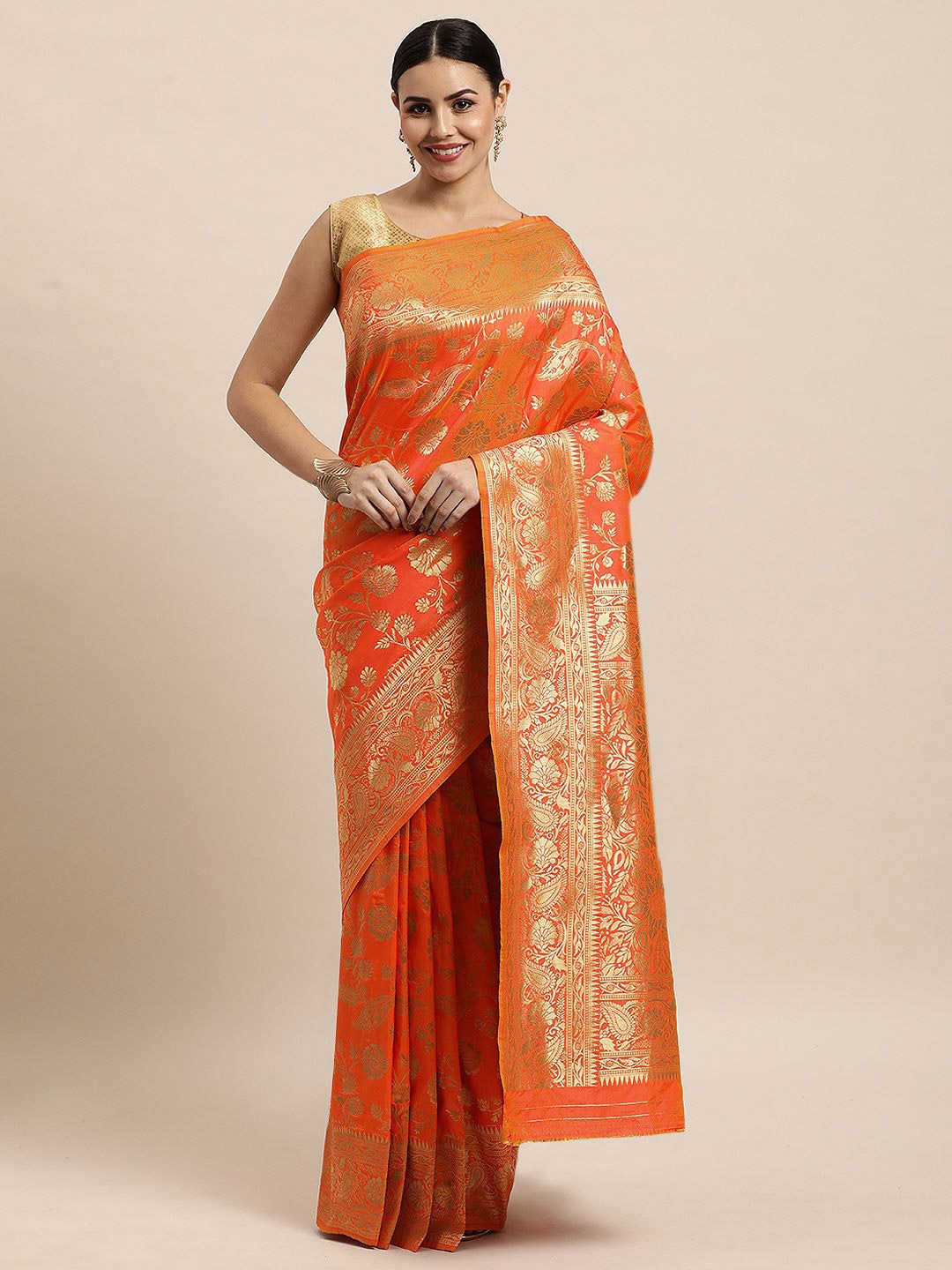 

amirat Woven Design Zari Pure Silk Banarasi Saree, Orange