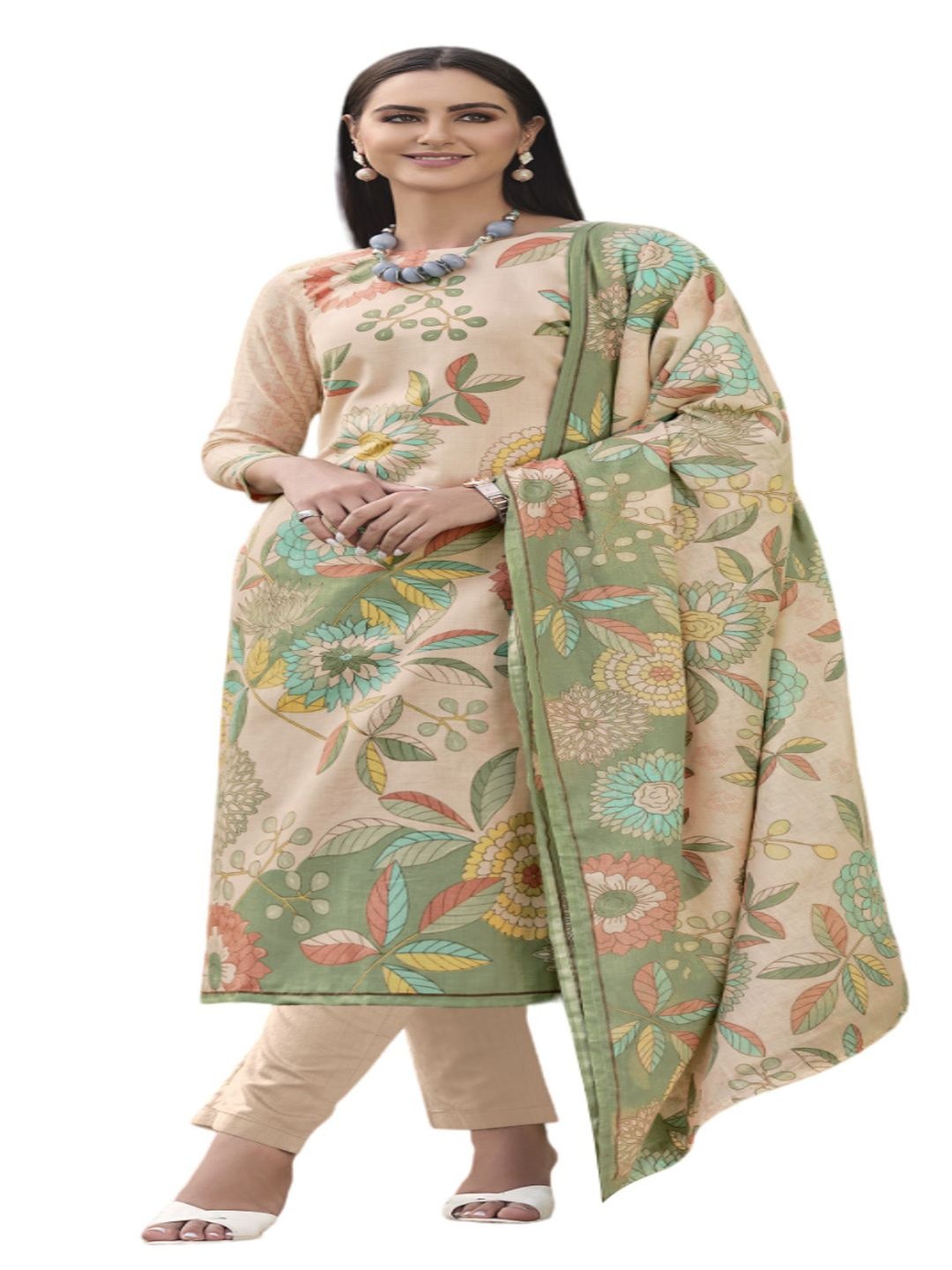 

DRAVINAM Trends Floral Printed Pure Cotton Unstitched Dress Material, Beige