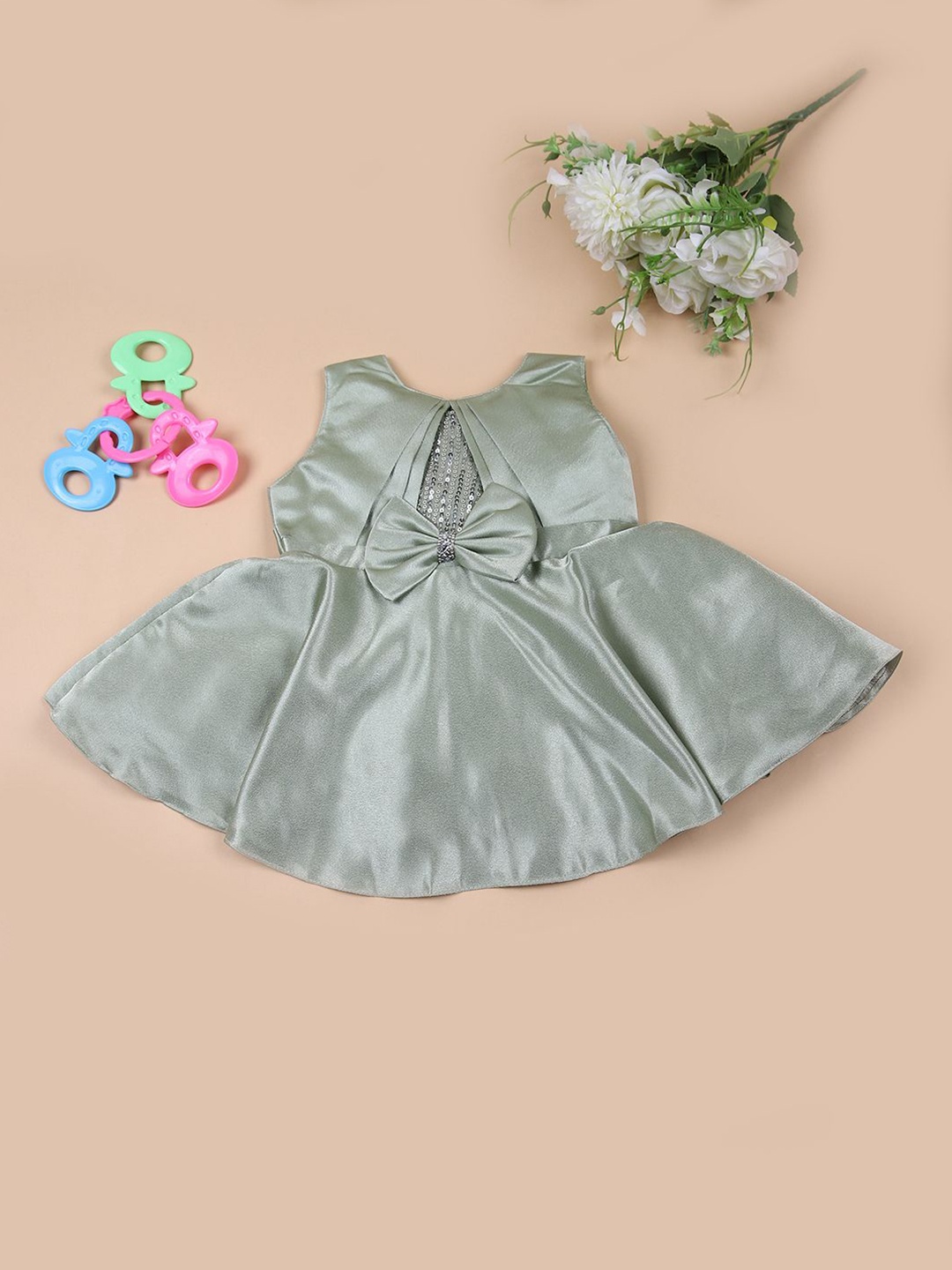 

V-Mart Girls Bow Detail Fit & Flare Dress, Green