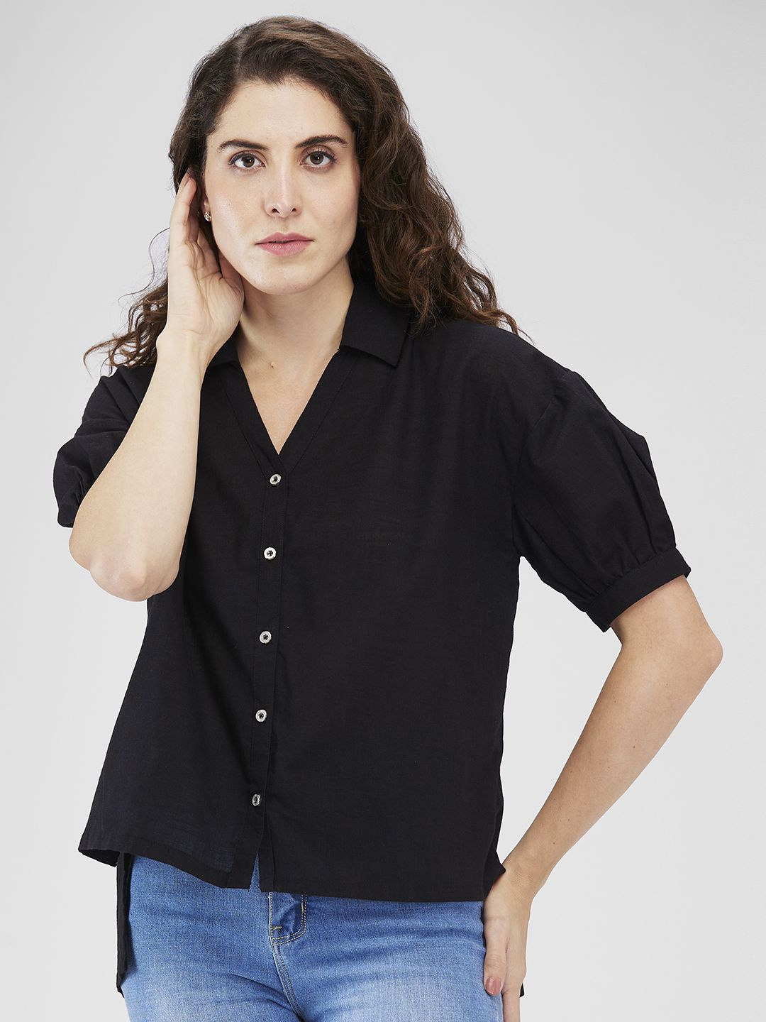 

Iti Women Spread Collar Solid Cotton Casual Shirt, Black