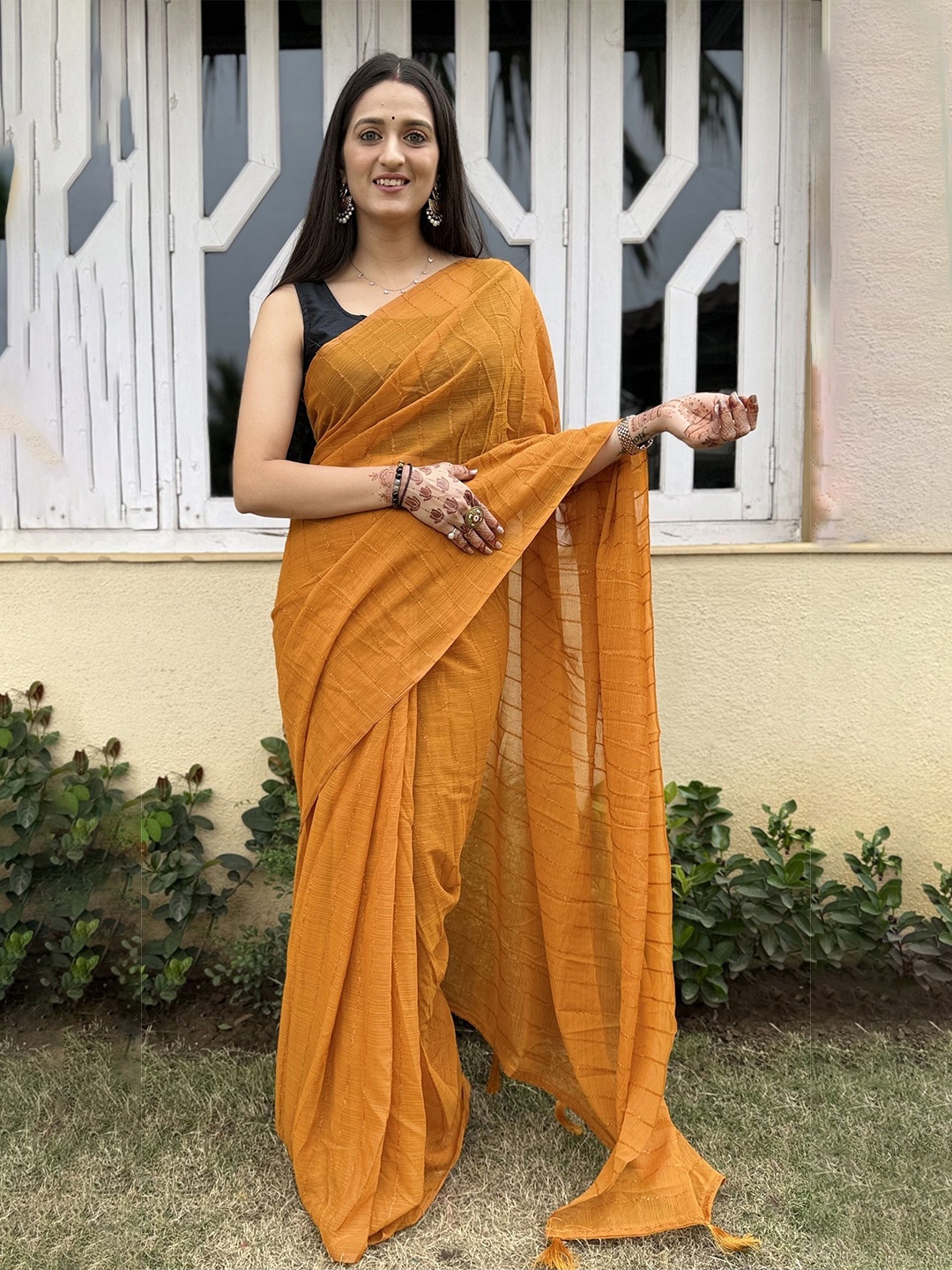

A TO Z CART Striped Ready To Wear Pure Chiffon Saree, Mustard