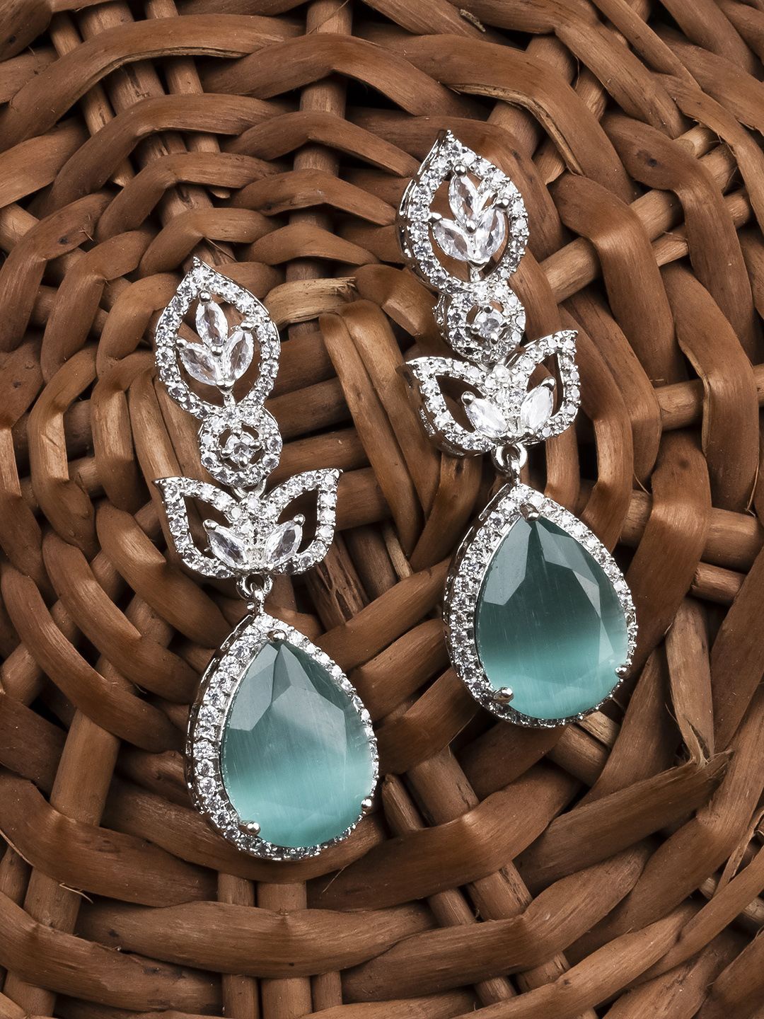 

StileAdda Silver-Plated Teardrop Shaped Cubic Zirconia Studded Drop Earrings, Turquoise blue