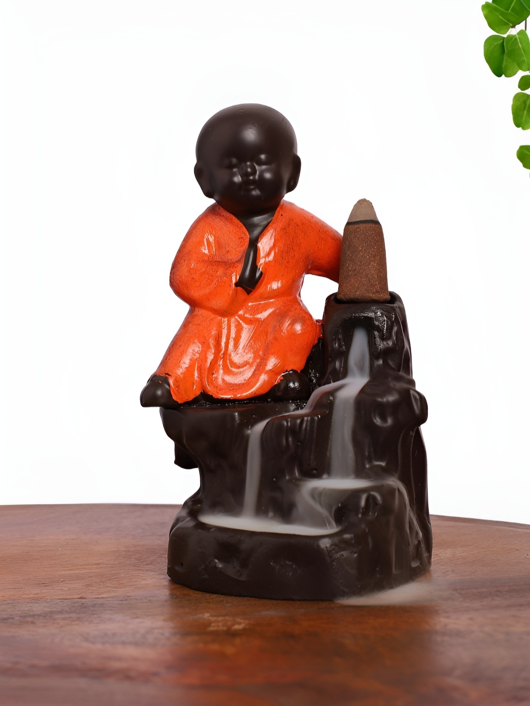 

INTERNATIONAL GIFT Orange Chinese Monk Buddha & Smoke Fountain Fengshui Figurine Showpiece