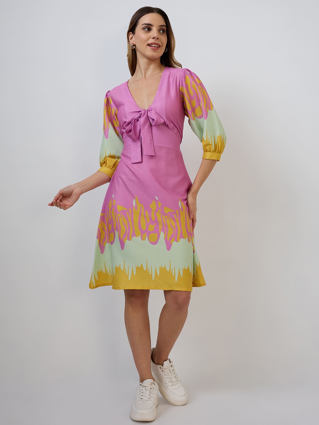 

DressBerry Women Tie and Dye Print Puff Sleeve Crepe Fit & Flare Dress, Pink