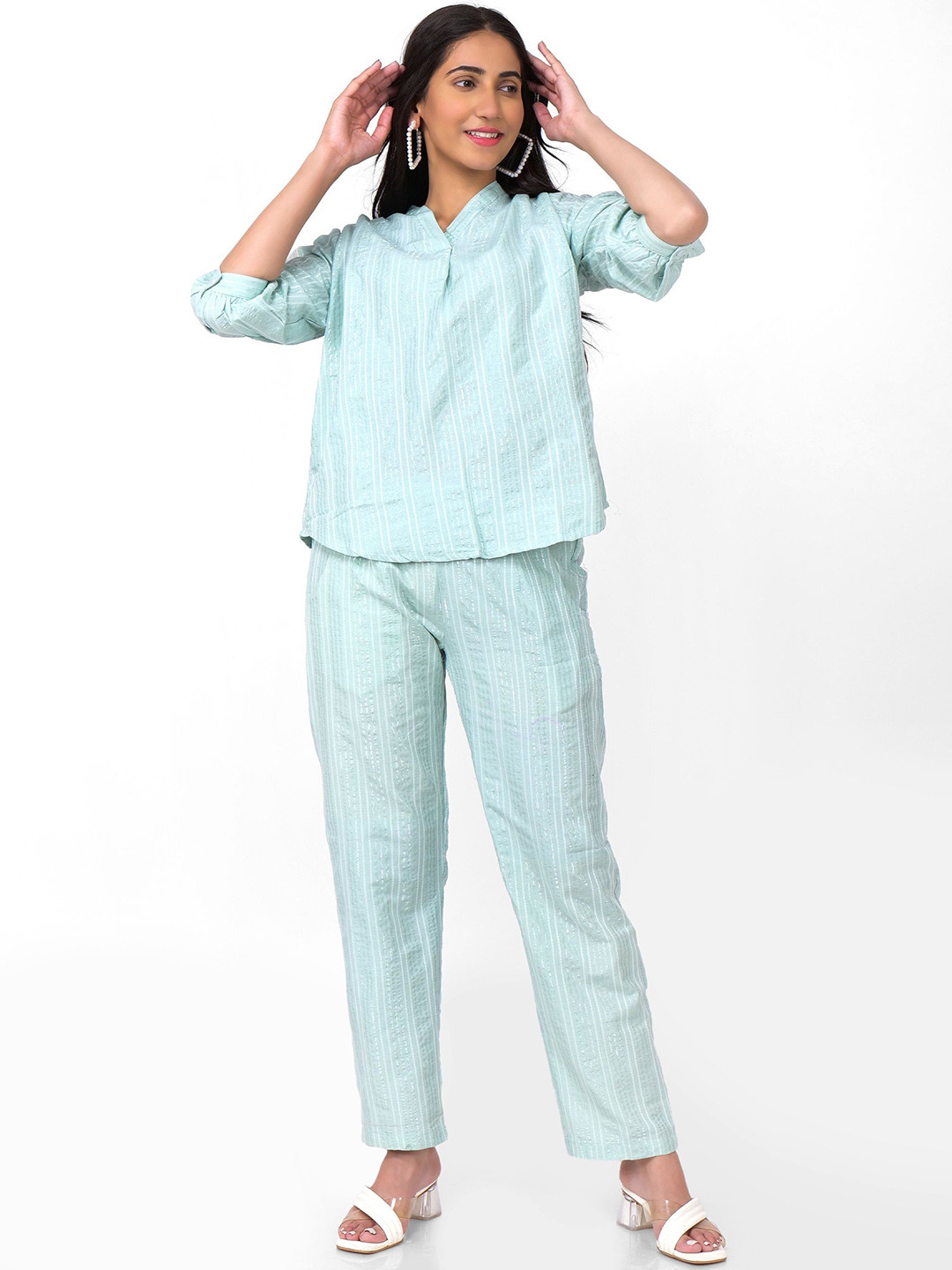 

Jivitha Striped V-Neck Pure Cotton Tunic With Trouser, Green