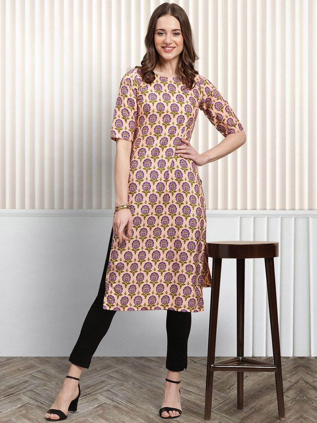 

Moda Rapido Ethnic Motifs Printed Round Neck Straight Kurta, Beige