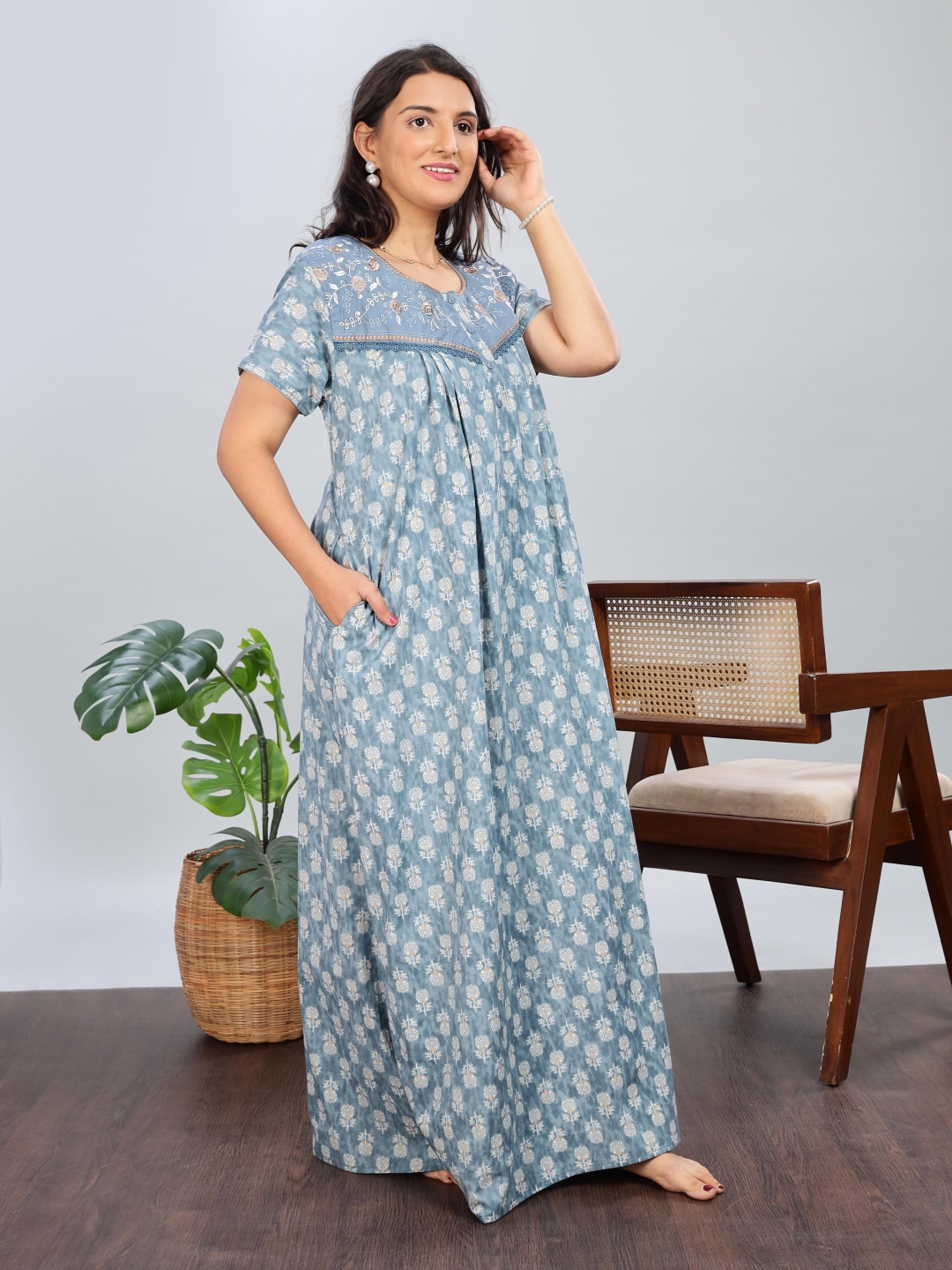 

9shines Label Women Printed Maxi Nightdress, Blue