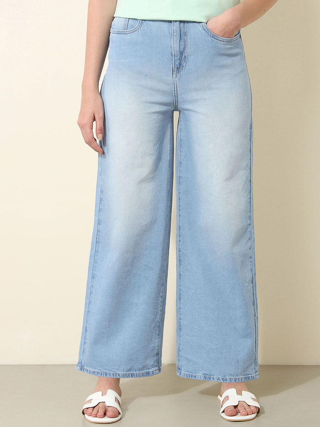 

U.S. Polo Assn. Women Wide Leg High-Rise Light Fade Stretchable Jeans, Blue