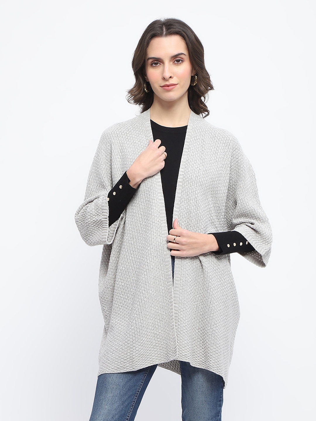 

Madame Women Self Design Open Knit Shawl Collar Front-Open Sweaters, Grey