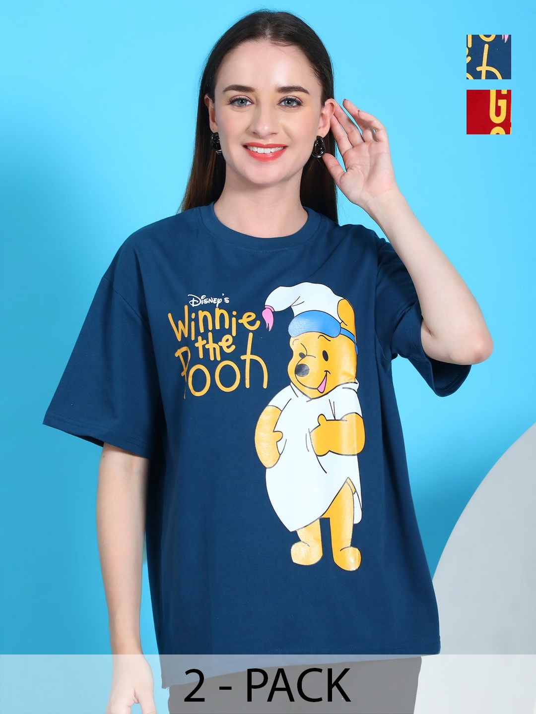 

Dreambe Women Pack Of 2 Winnie The Pooh Fusion Graphic Printed Cotton Oversized T-shirts, Navy blue