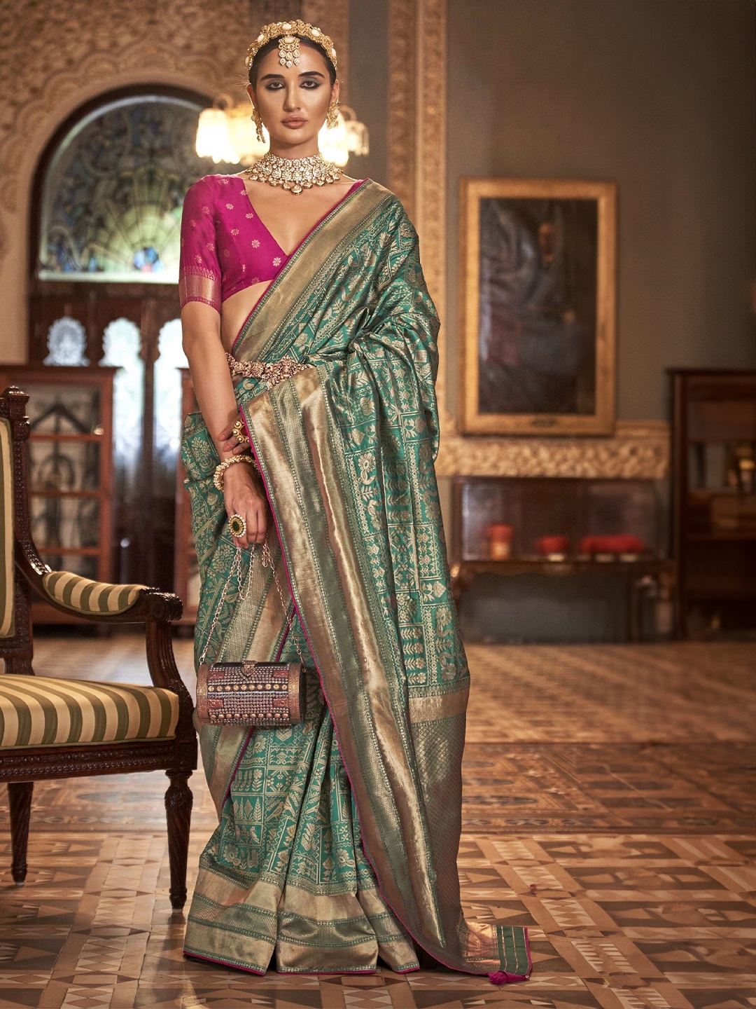 

MAHALASA Ethnic Motifs Woven Design Pure Silk Patola Saree, Sea green
