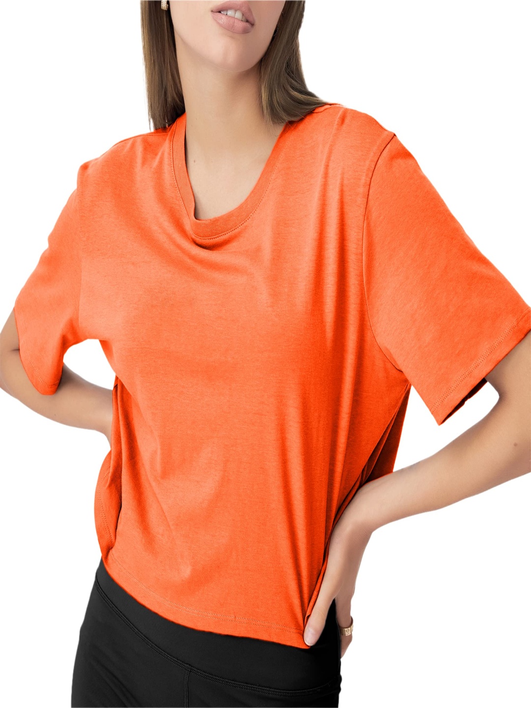 

NOTWILD Women Solid Round Neck Cotton T-shirt, Orange