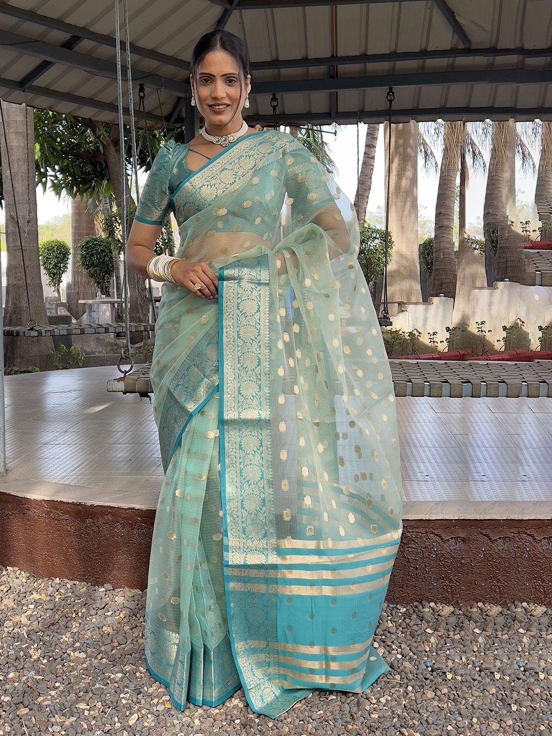 

A TO Z CART Ethnic Motifs Woven Design Zari Organza Saree, Teal