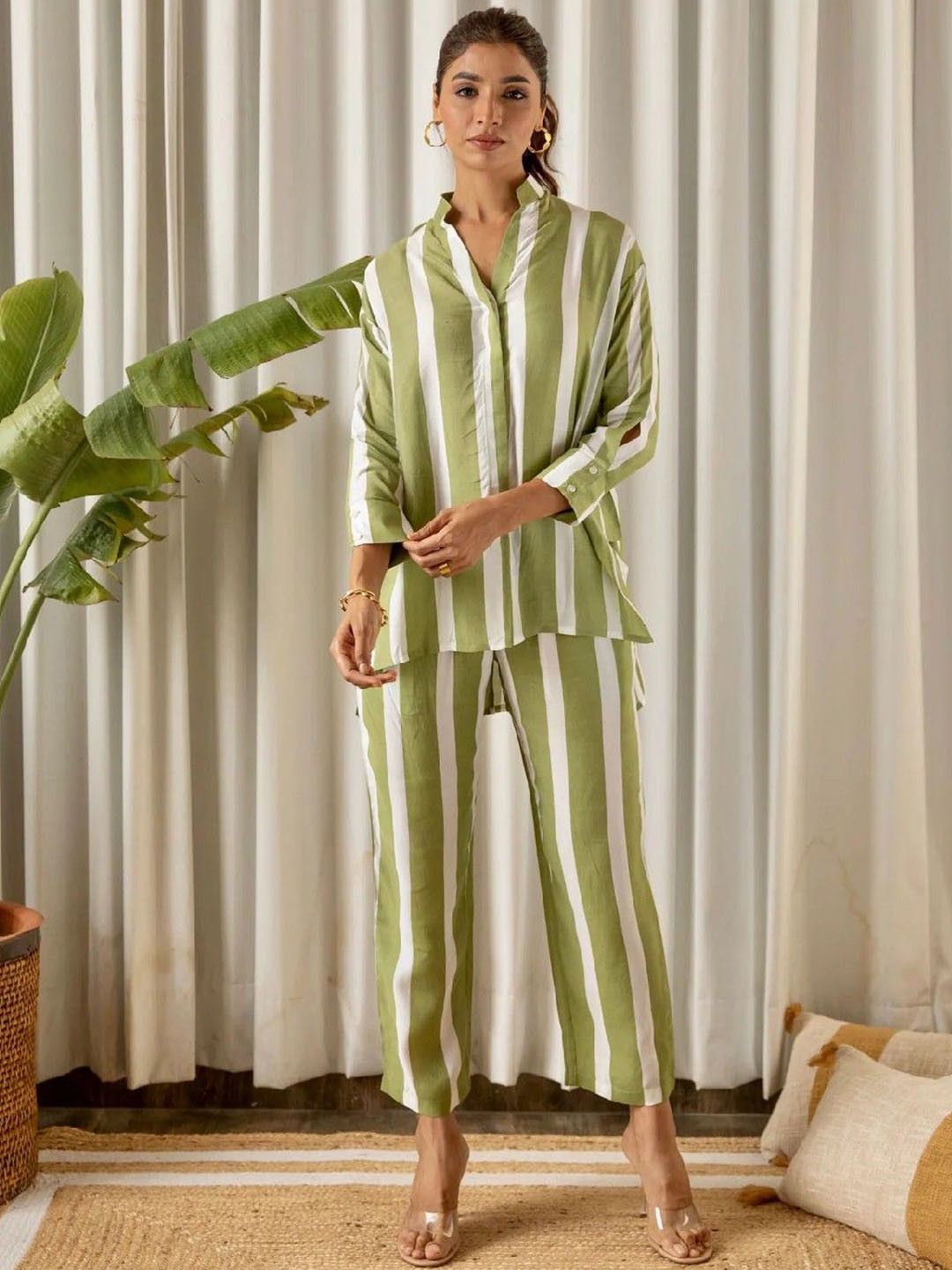 

Acriine Striped Mandarin Collar Pure Cotton Tunic and Trousers, Green