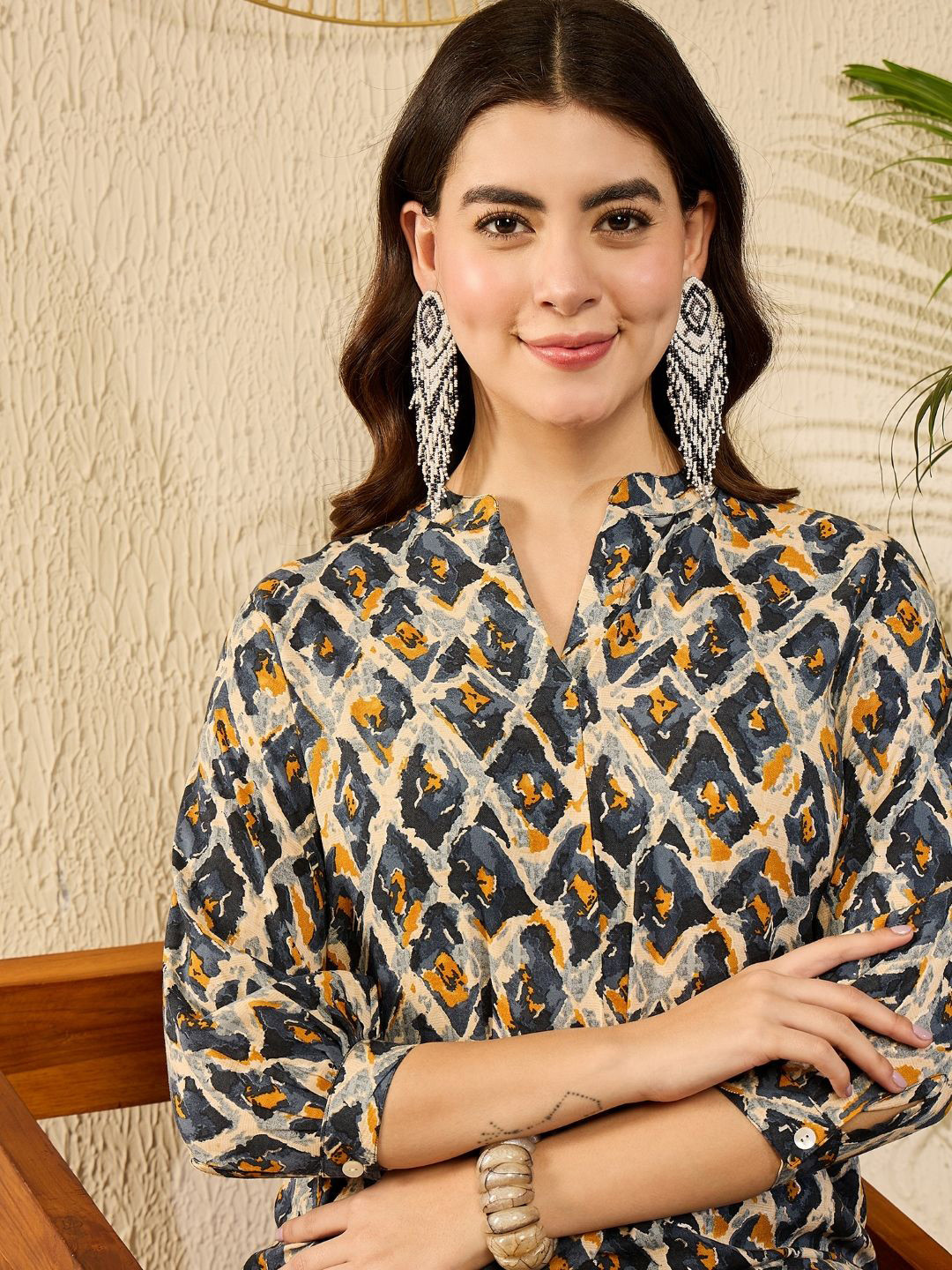 

AHIKA Women Printed Mandarin Collar Top, Blue