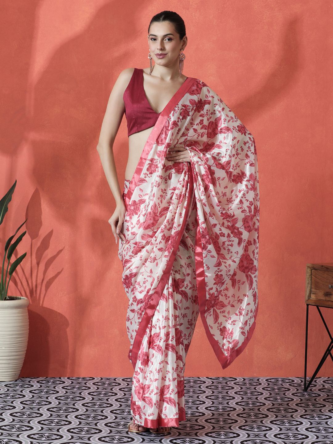 

Sangria Ready to wear Satin Floral Digital Printed Saree, Red