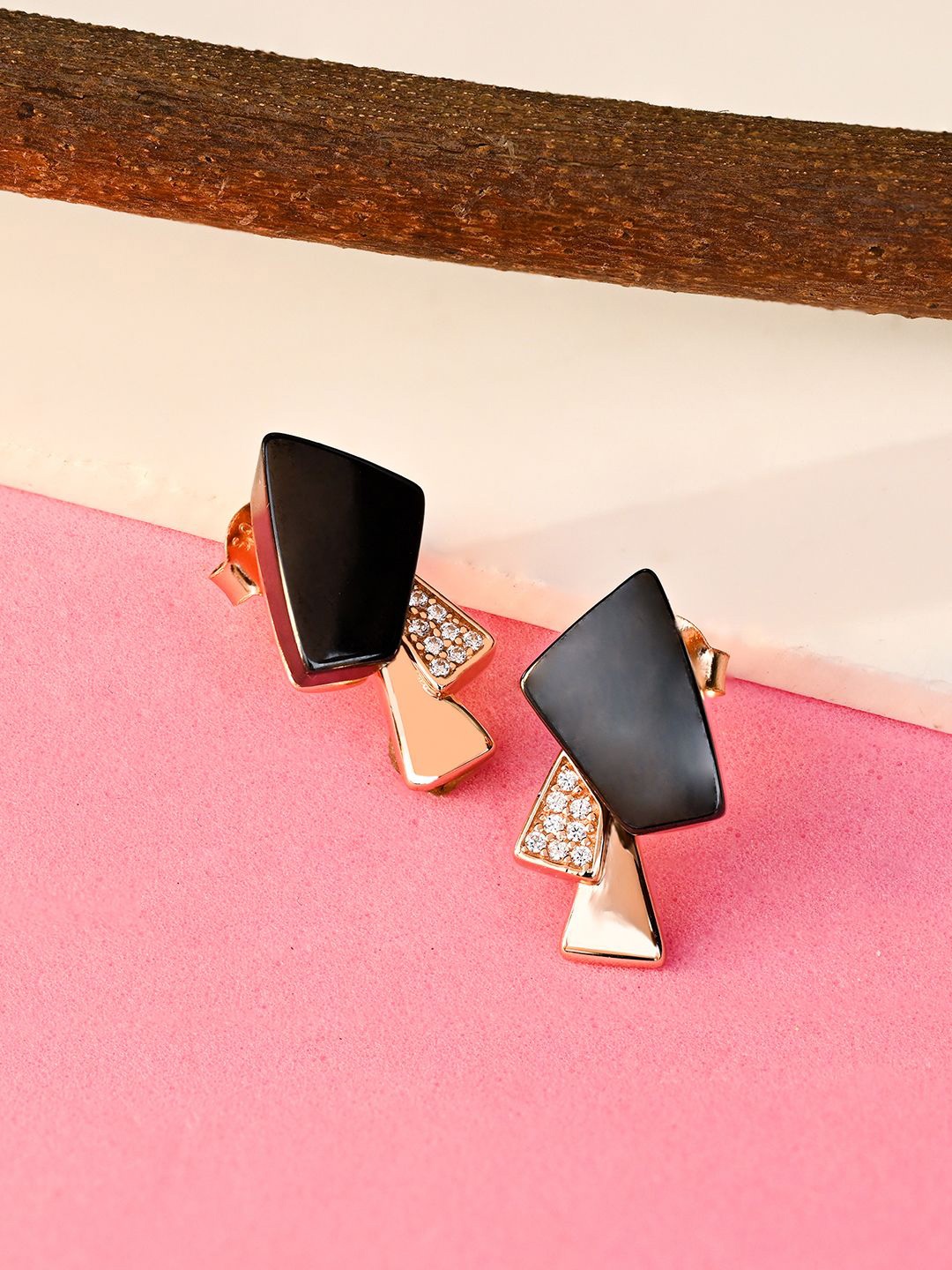 

TOUCH925 925 Rose Gold-Plated Cubic Zirconia Studded Asymmetric Shaped Enamelled Studs