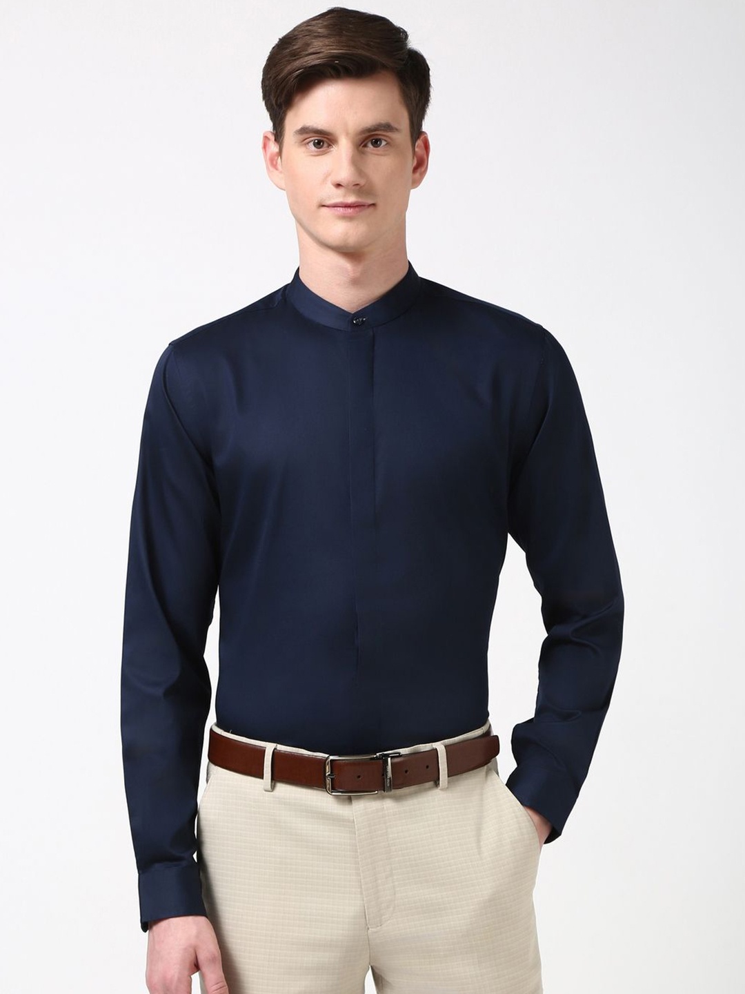 

Peter England Men Slim Fit Band Collar Solid Cotton Formal Shirt, Navy blue