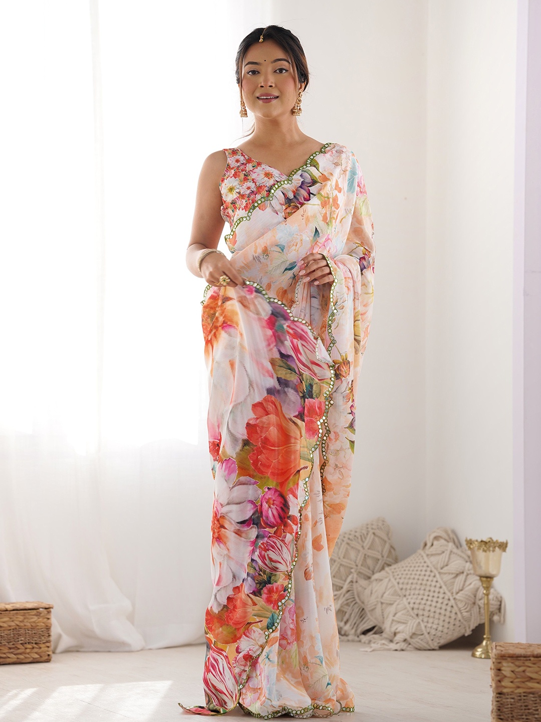 

Manu Designer Floral Printed Mirror Work Saree, White
