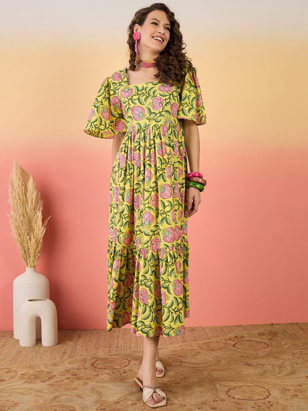

Sangria Women Square Neck Floral Printed Flared Sleeves Pure Cotton Fit and Flare Dress, Lime green